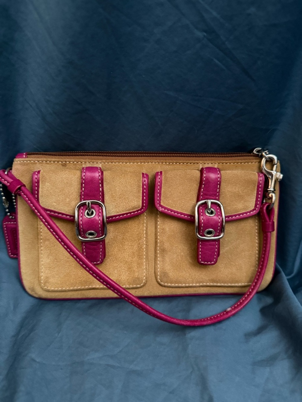 Suede Wristlet Clutch with Fuchsia Trim